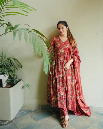 Rust Red Floral Cotton Anarkali Kurta Set with Dupatta
