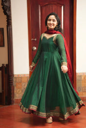 Women's Dark Green Anarkali Gown with Maroon Dupatta
