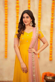 Yellow and baby pink designer hand-worked Anarkali with dupatta