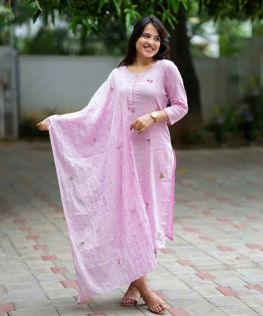 Pink Cotton Embroidery Full Kurta Set