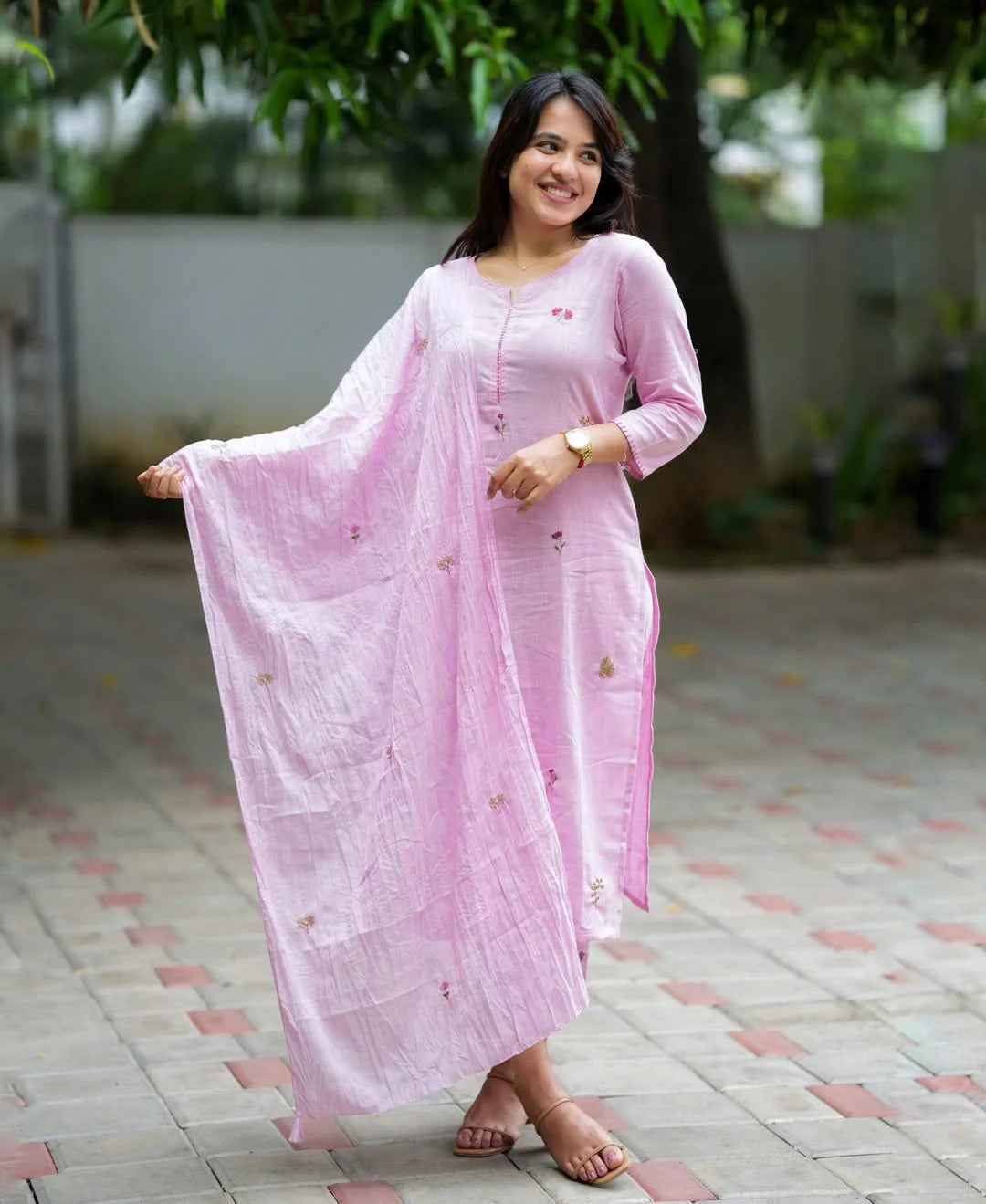 Pink Cotton Embroidery Full Kurta Set