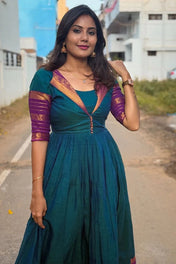 Teal Blue Silk Anarkali Dress with Purple Zari Border & Contrast Sleeve Detailing