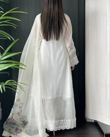 Elegant White Chikankari Embroidered Anarkali Suit Set with Dupatta