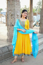 Women’s Yellow Anarkali Kurti with Blue Dupatta