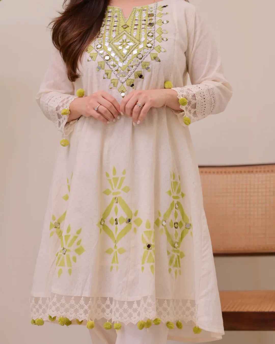 Lime Glow Aline Handwork Pakistani Suit