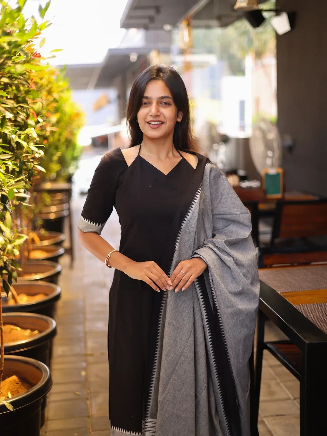 Black Cotton Kurta Set with Grey Dupatta