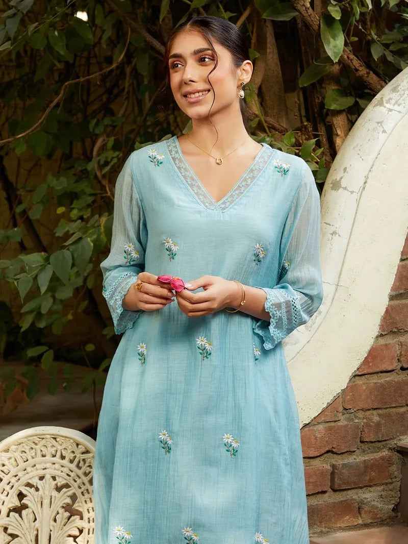 Powder Blue Embroidered Chanderi Kurta