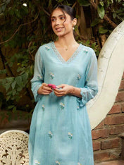 Powder Blue Embroidered Chanderi Kurta