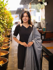 Black Cotton Kurta Set with Grey Dupatta