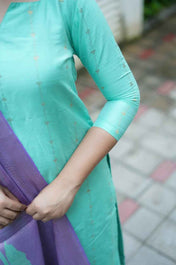 Mint Bloom Kurti Set – Raw Slub Silk Charm