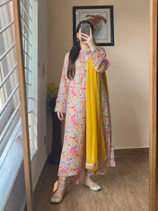 Soft Pastel Multi-Color Floral Printed Kurti Set with Yellow Dupatta