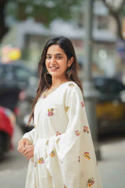 Mahiya Off White Mul Cotton Anarkali With Dupatta & Pant