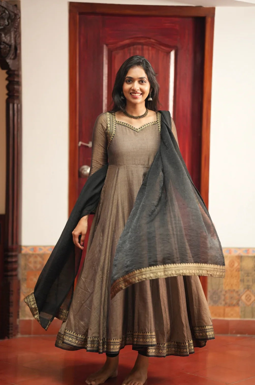 Women’s Coffee Brown Anarkali Gown with Black Dupatta