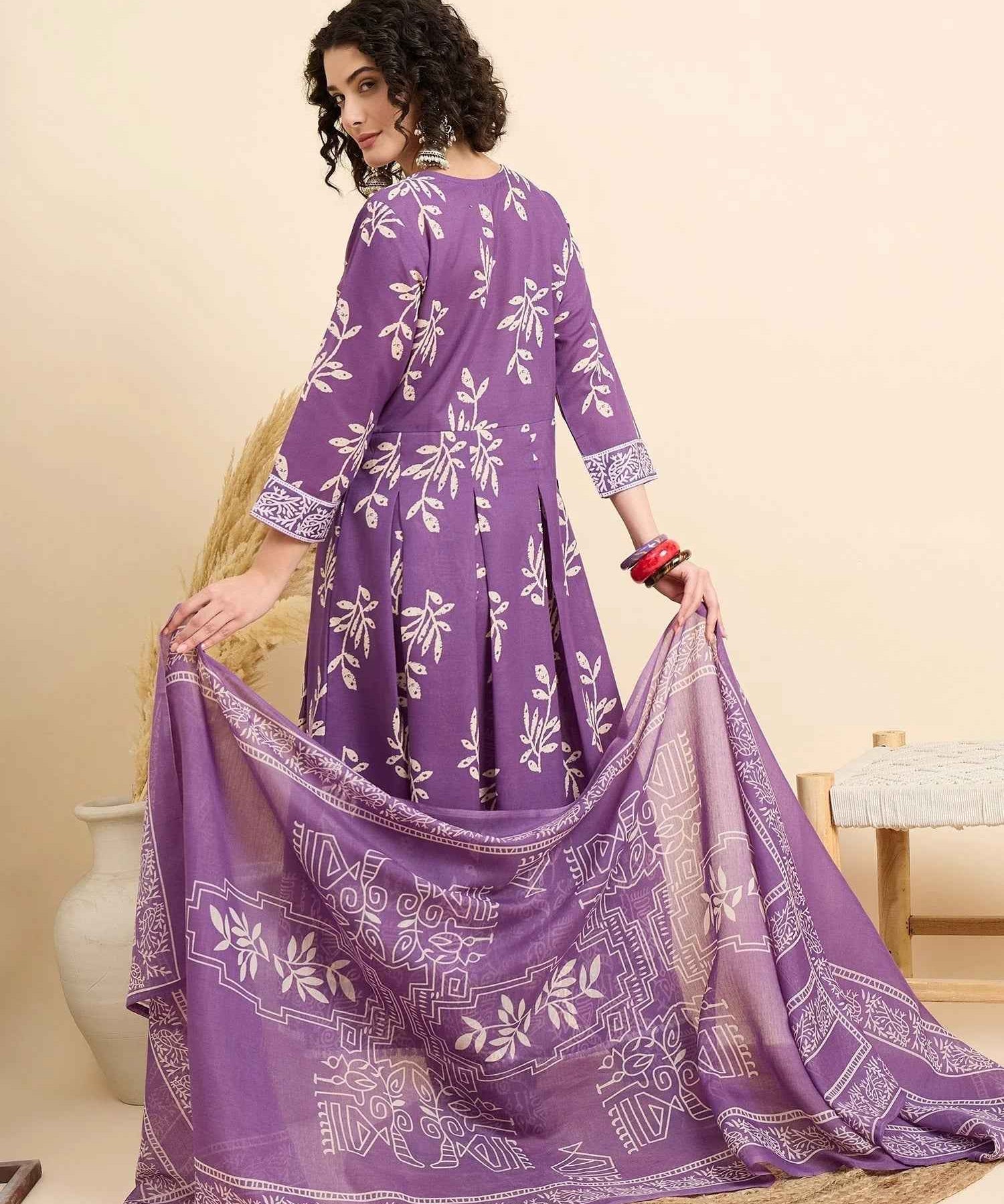 Women€™s Viscose Purple Anarkali Kurta and Pant Set with Dupatta