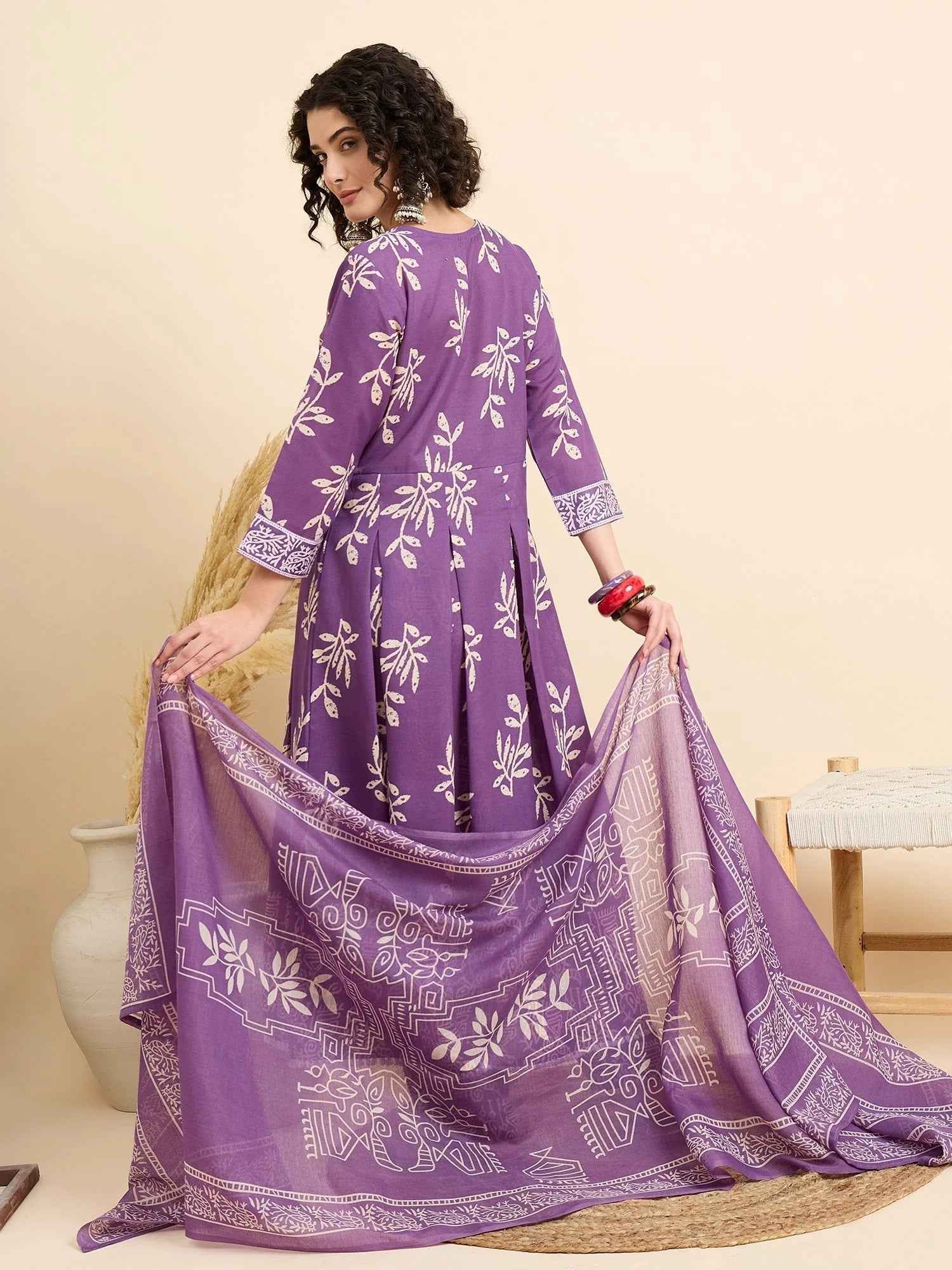 Women€™s Viscose Purple Anarkali Kurta and Pant Set with Dupatta