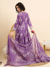 Purple Printed Cotton Anarkali Kurta Set with Pant & Dupatta