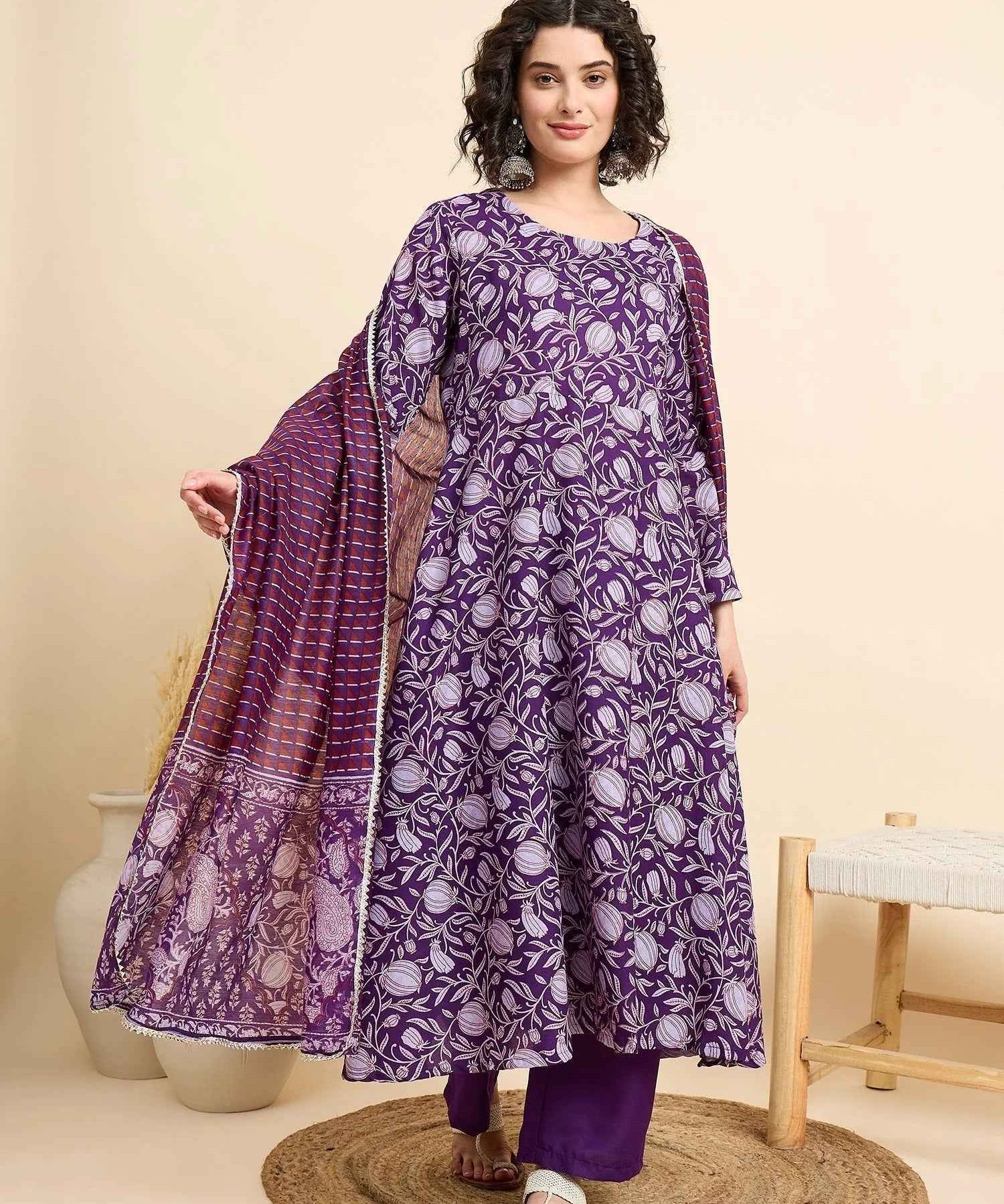 Women€™s Viscose Anarkali Kurta and Pant Set with Dupatta