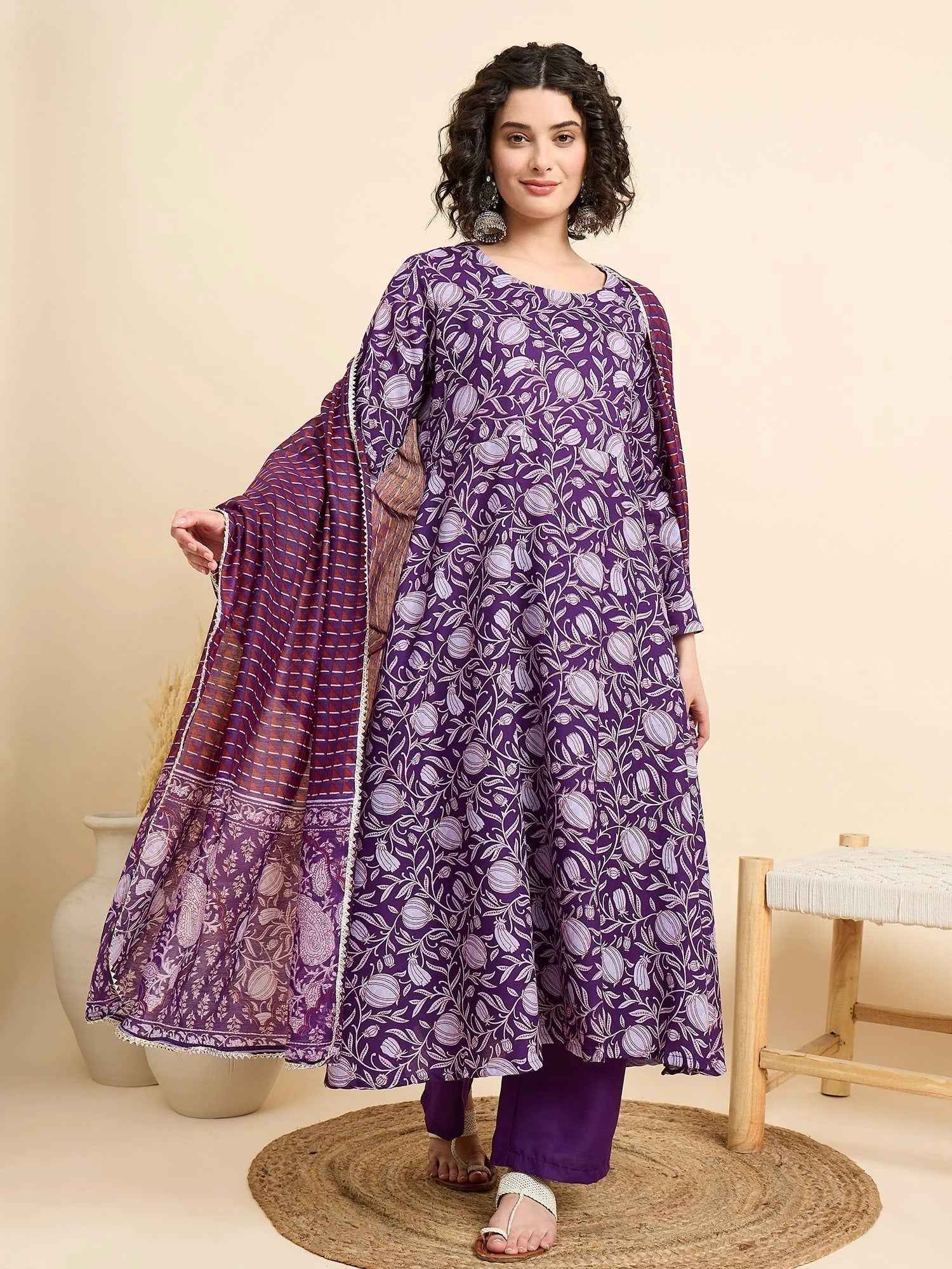 Women€™s Viscose Anarkali Kurta and Pant Set with Dupatta