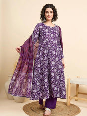 Purple Floral Printed Cotton Anarkali Kurta Set with Pant & Dupatta