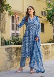 Blue Cotton Printed Straight Kurta Set with Pant & Dupatta
