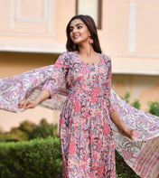 Peach Floral Cotton Anarkali Kurta Set with Printed Pants