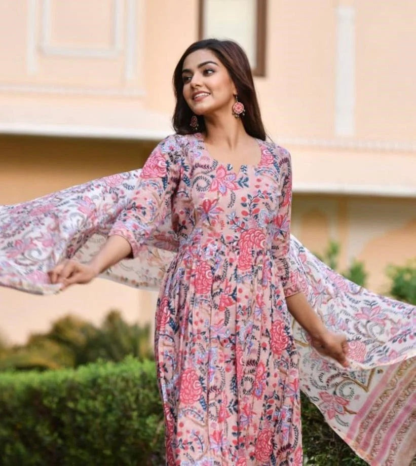 Peach Floral Cotton Anarkali Kurta Set with Printed Pants