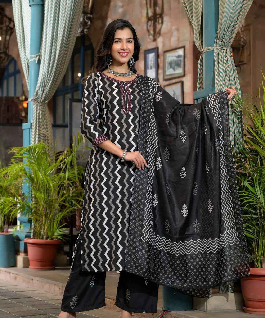 Zigzag Noir Pure Viscose Suit Set