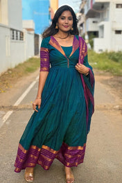 Teal Blue Silk Anarkali Dress with Purple Zari Border & Contrast Sleeve Detailing