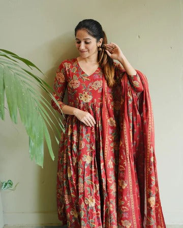 Rust Red Floral Cotton Anarkali Kurta Set with Dupatta