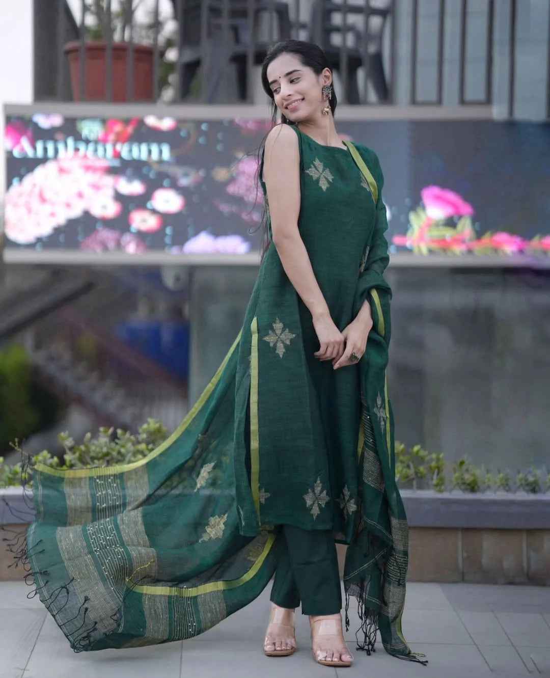 Green Linen Full Kurta Set