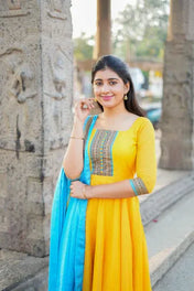Women’s Yellow Anarkali Kurti with Blue Dupatta