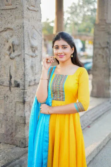 Women’s Yellow Anarkali Kurti with Blue Dupatta