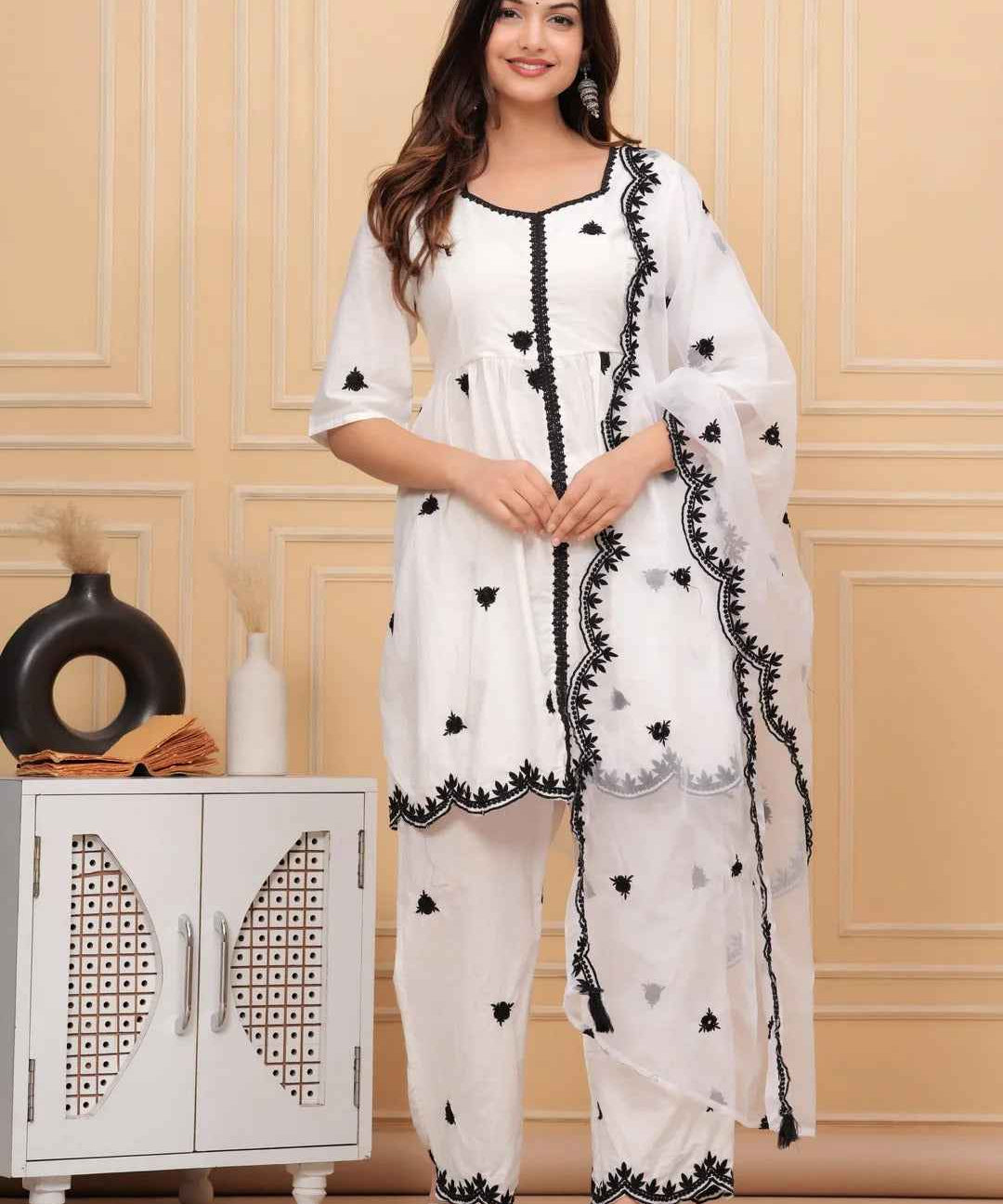 White Embroidered Cotton Suit Set with Embroidered Organza Dupatta