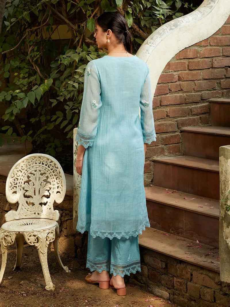 Powder Blue Embroidered Chanderi Kurta