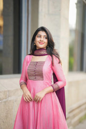 Pink & Wine Anarkali Kurta Set with Dupatta