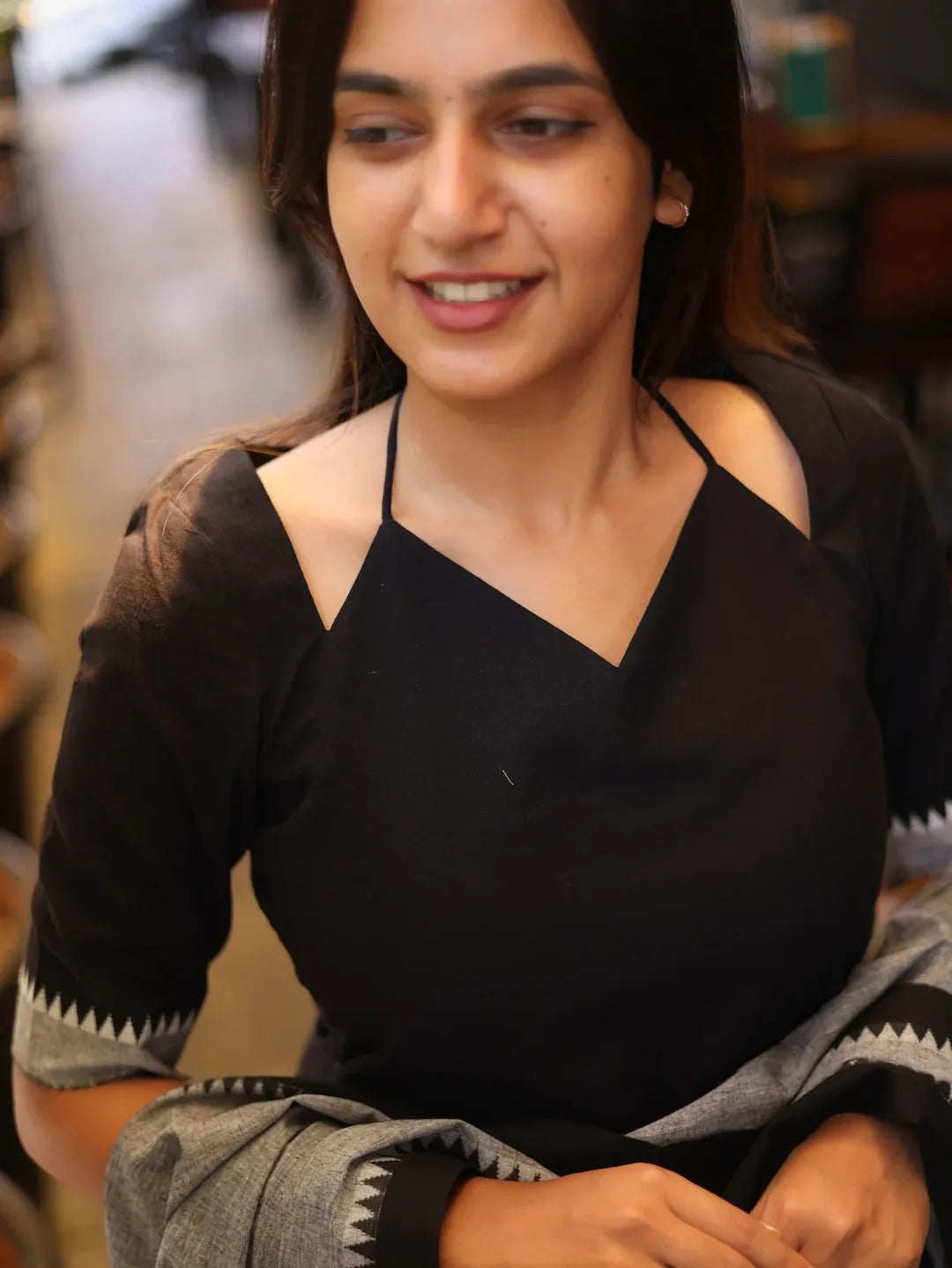 Black Cotton Kurta Set with Grey Dupatta