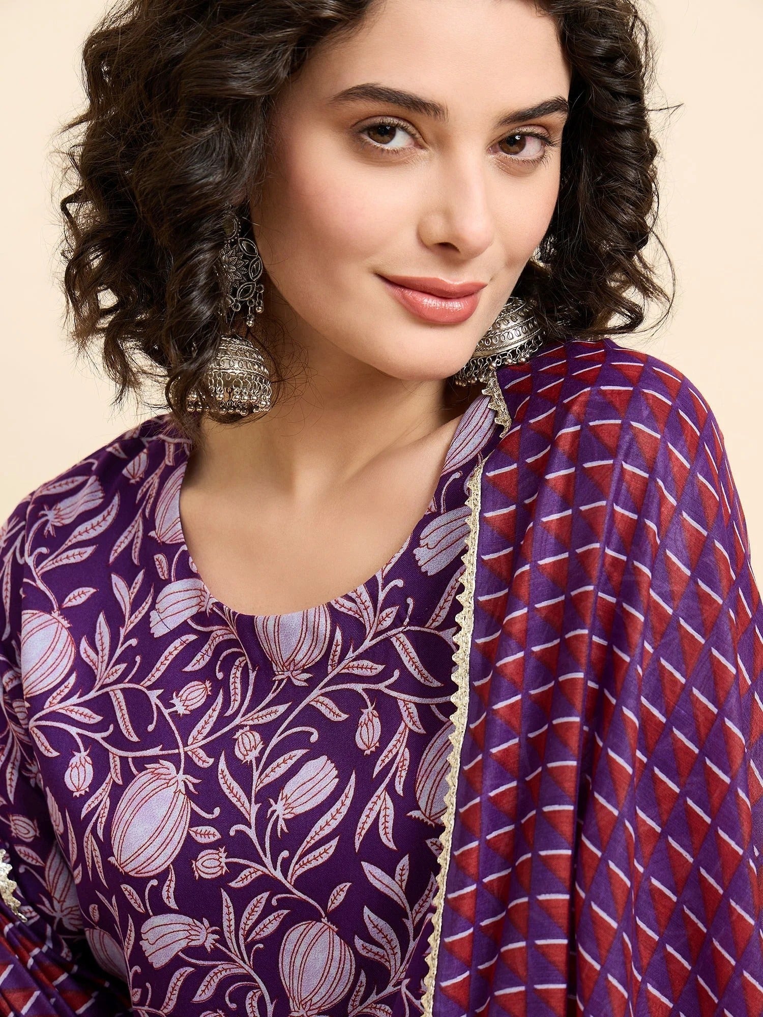 Purple Floral Printed Cotton Anarkali Kurta Set with Pant & Dupatta