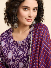 Purple Floral Printed Cotton Anarkali Kurta Set with Pant & Dupatta