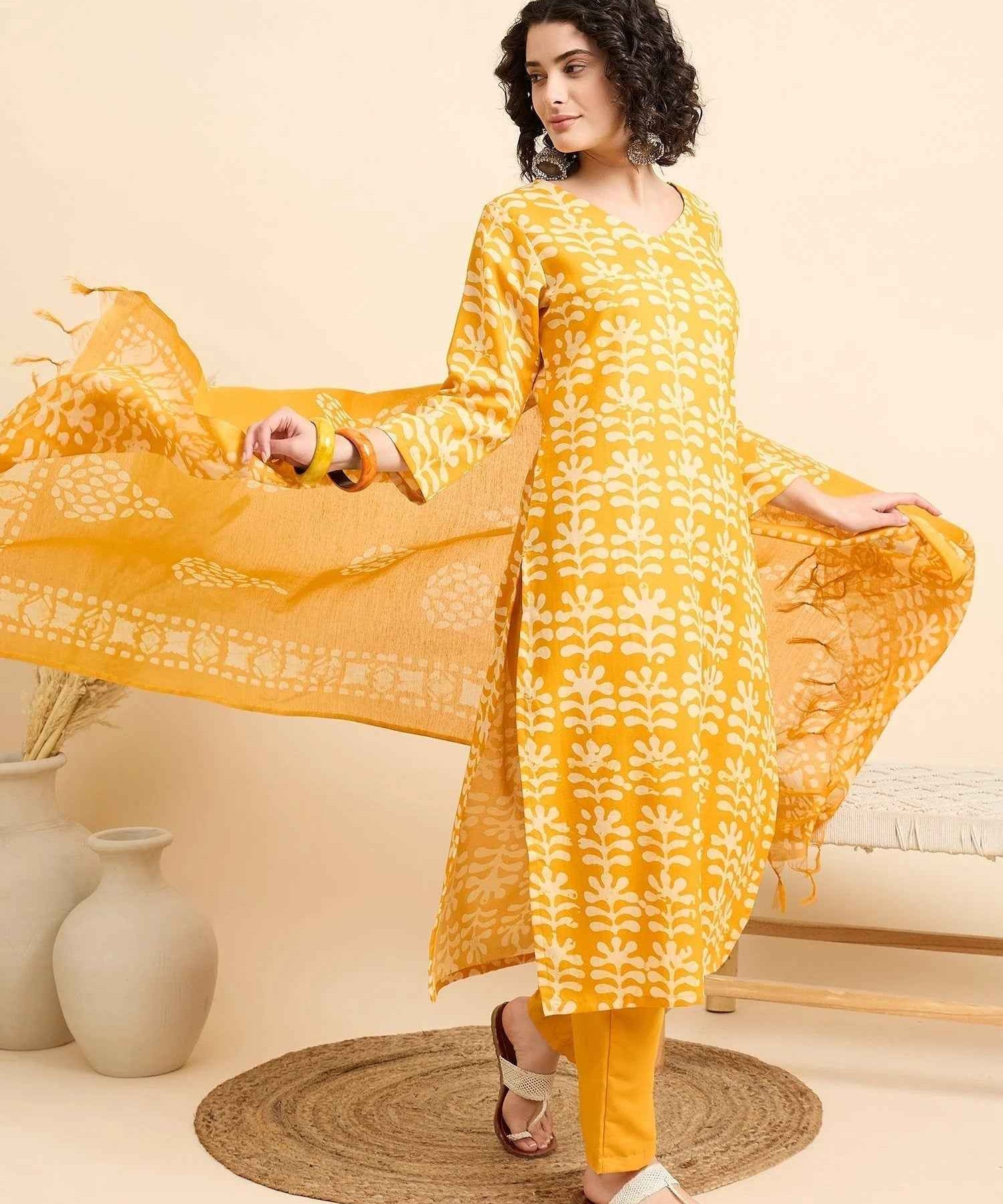 Women€™s Viscose Yellow Straight Kurta and Pant Set with Dupatta