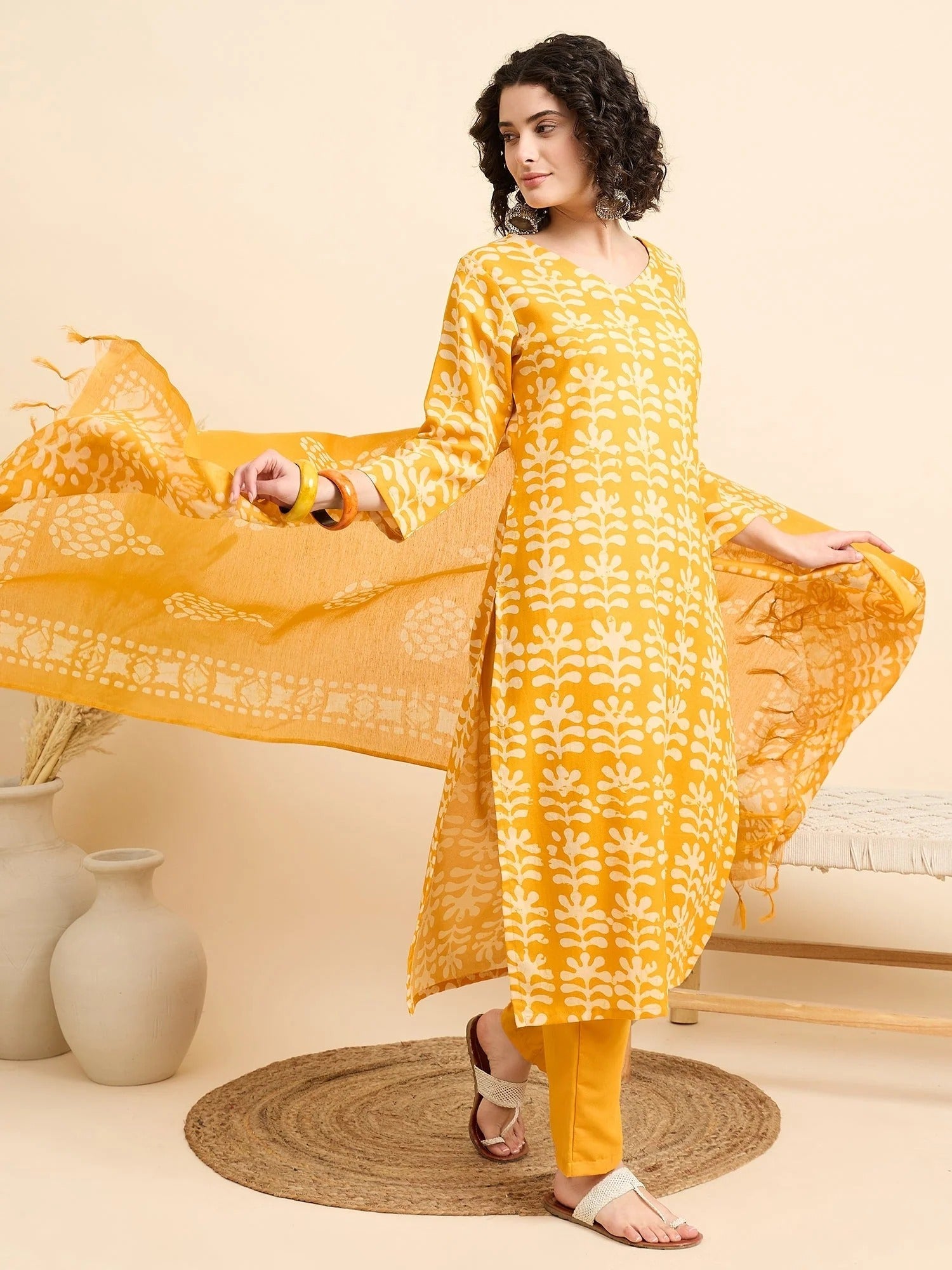 Mustard Yellow Printed Cotton Straight Kurta Set with Pant & Dupatta