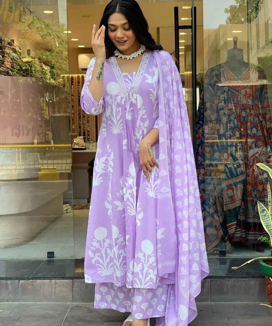 White Floral Lilac Pure Viscose Kurta Set
