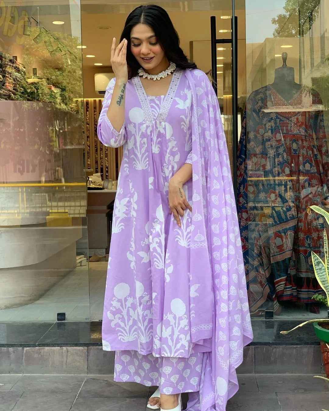 White Floral Lilac Pure Viscose Kurta Set