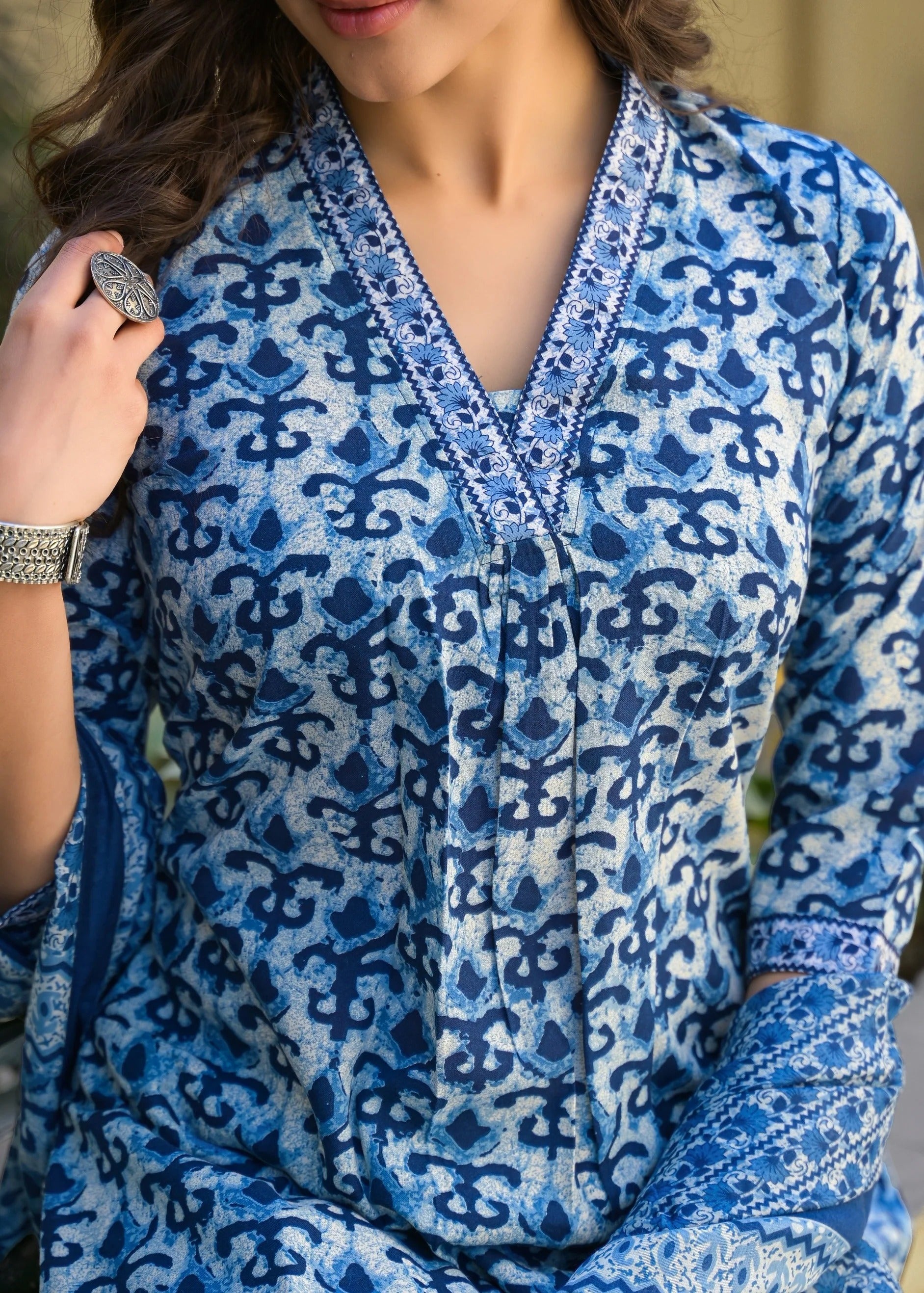 Blue Cotton Printed Straight Kurta Set with Pant & Dupatta