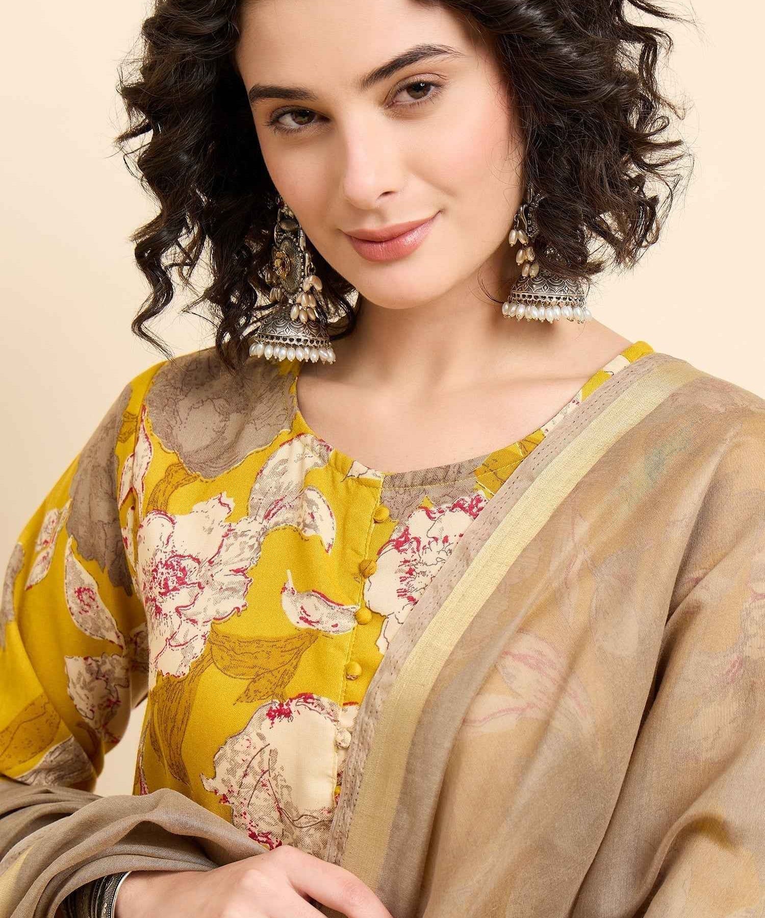 Women€™s Viscose Yellow Anarkali Kurta and Pant Set with Dupatta