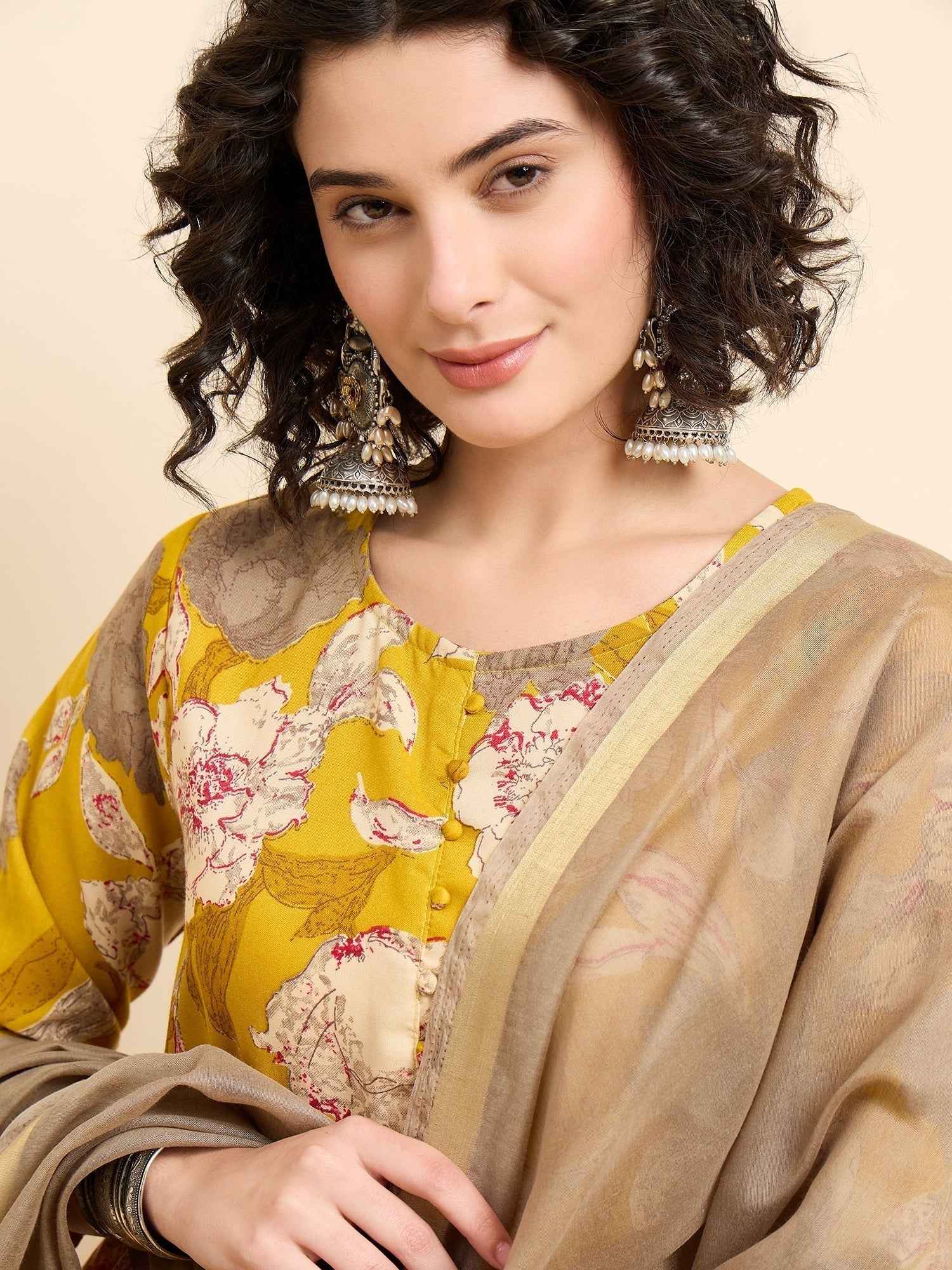 Women€™s Viscose Yellow Anarkali Kurta and Pant Set with Dupatta