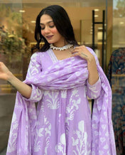 White Floral Lilac Pure Viscose Kurta Set