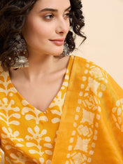Mustard Yellow Printed Cotton Straight Kurta Set with Pant & Dupatta
