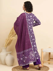 Purple Floral Printed Cotton Anarkali Kurta Set with Pant & Dupatta