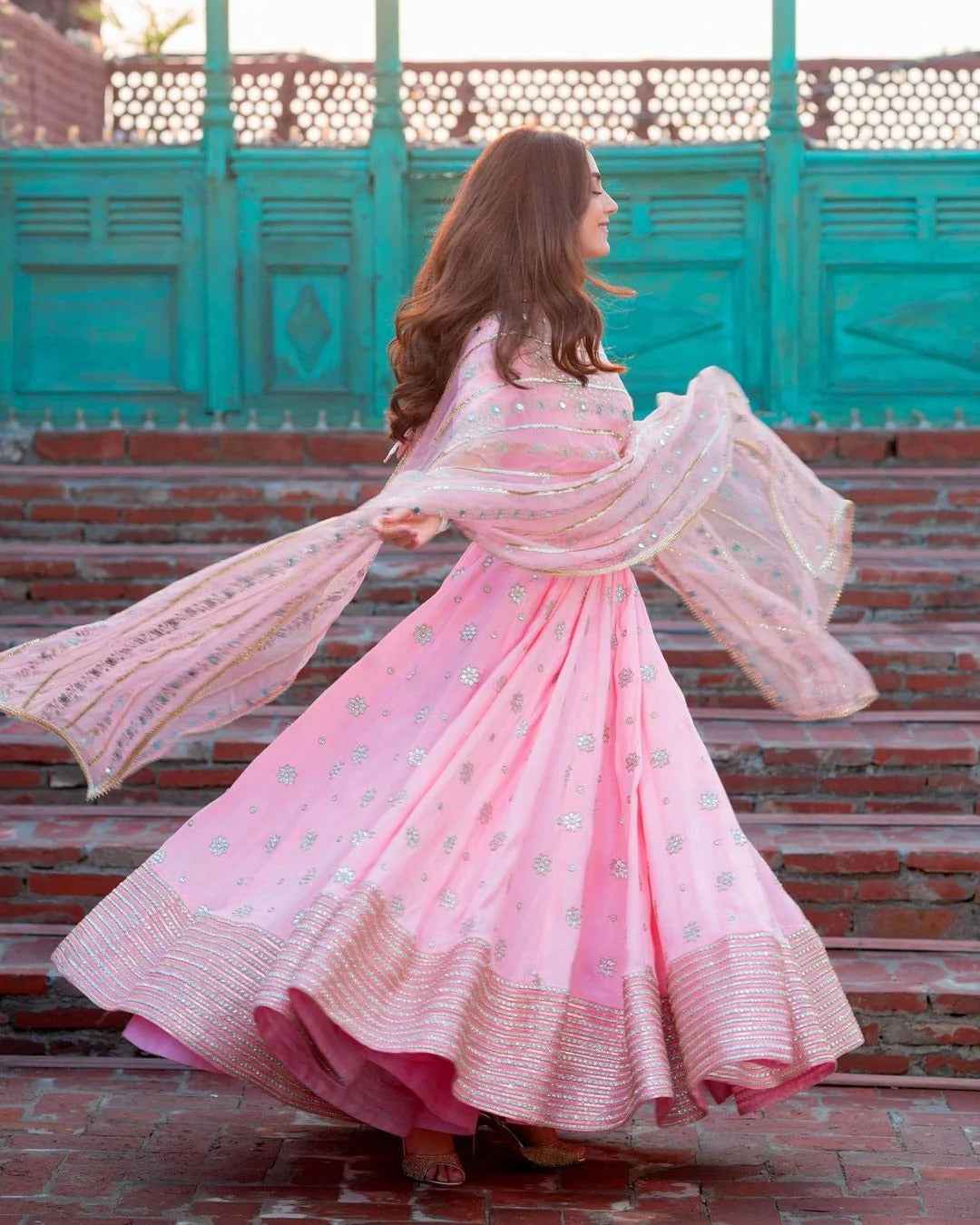 PINK LOOP ANARKALI SUIT SET