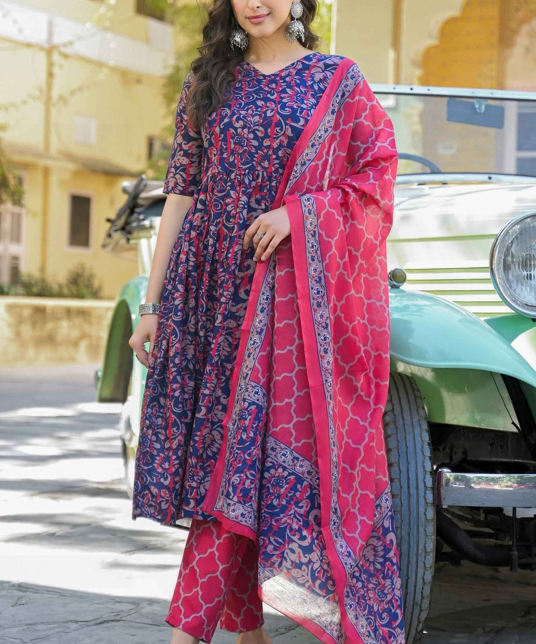 Women€™s Viscose Navy Blue Anarkali Kurta and Pant Set with Dupatta